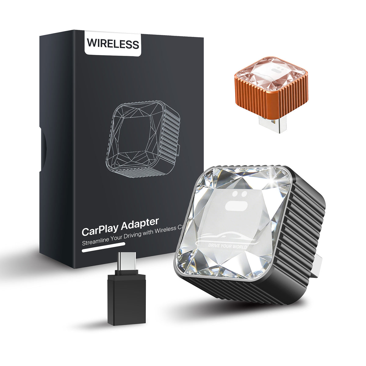 Wireless CarPlay Adapter for iPhone, Premium Glass Finish Design-Black