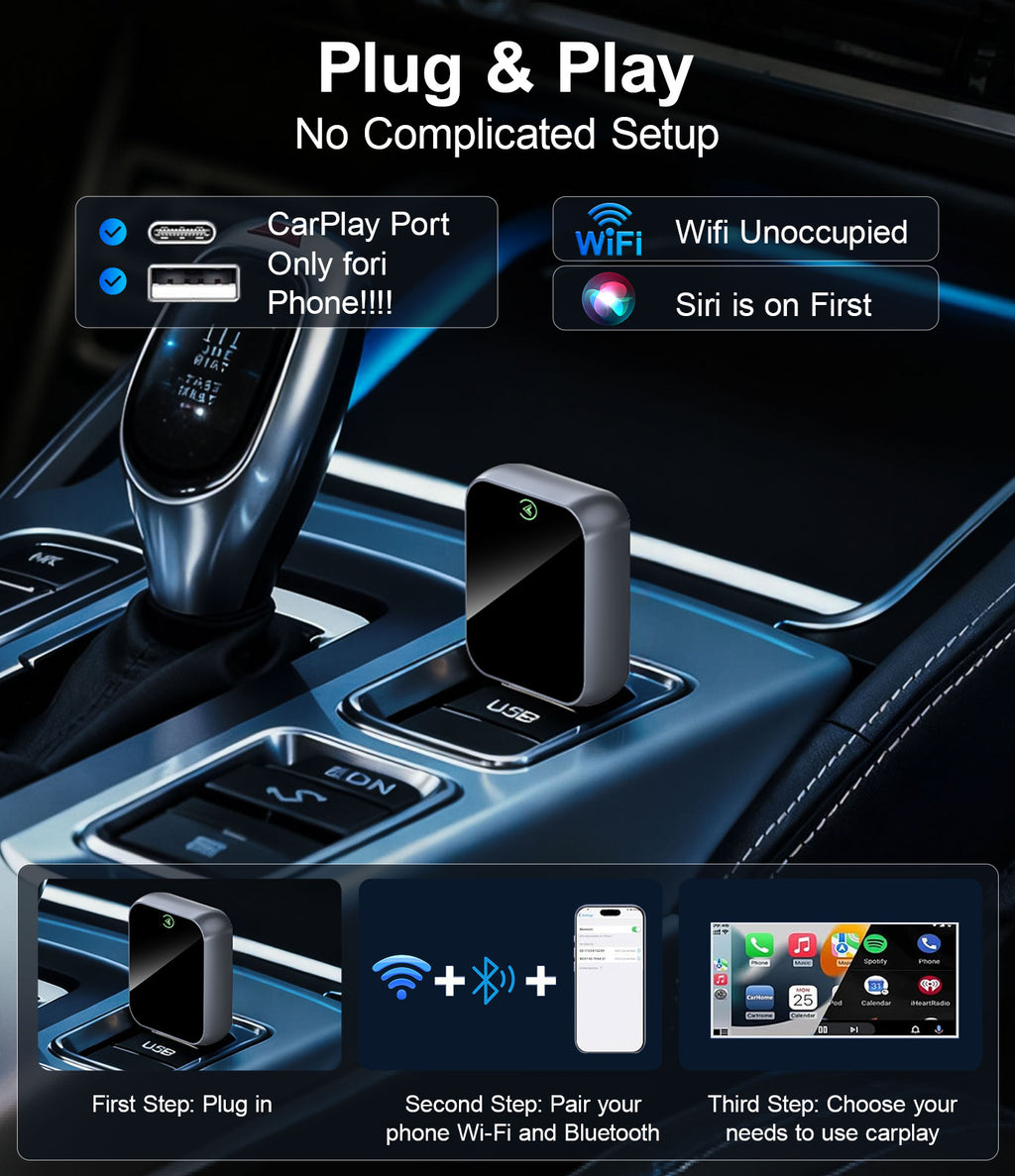 2026 Wireless CarPlay Adapter for iPhone - 5s Auto-Connect, No Audio Lag - Convert Factory Wired to Wireless CarPlay - Bluetooth 5.3 & 5GHz Wi-Fi - Plug & Play (Includes USB A/C)
