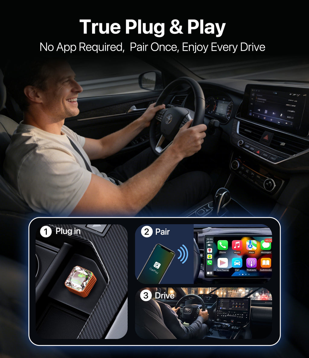 Wireless CarPlay Adapter for iPhone, Premium Glass Finish Design-Black