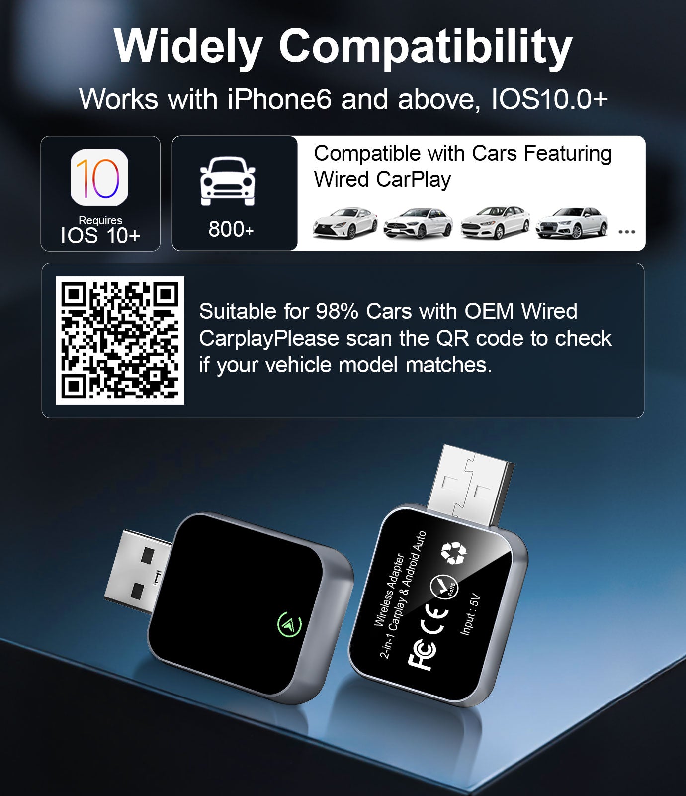 2026 Wireless CarPlay Adapter for iPhone - 5s Auto-Connect, No Audio Lag - Convert Factory Wired to Wireless CarPlay - Bluetooth 5.3 & 5GHz Wi-Fi - Plug & Play (Includes USB A/C)