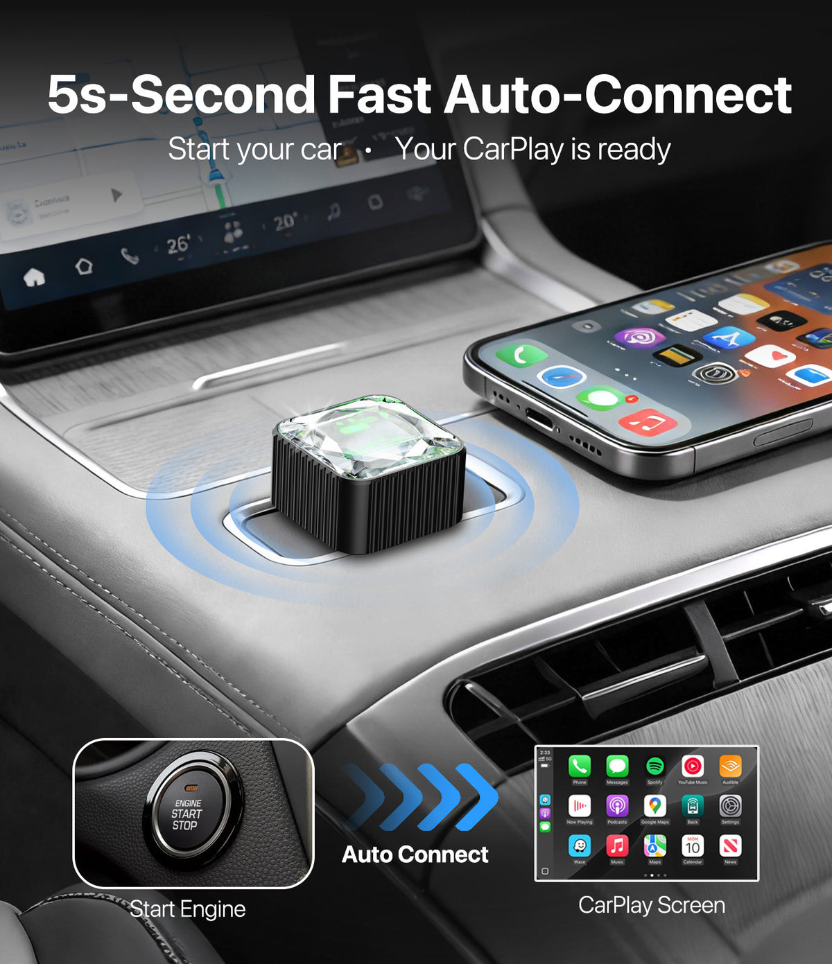 Wireless CarPlay Adapter for iPhone, Premium Glass Finish Design-Black