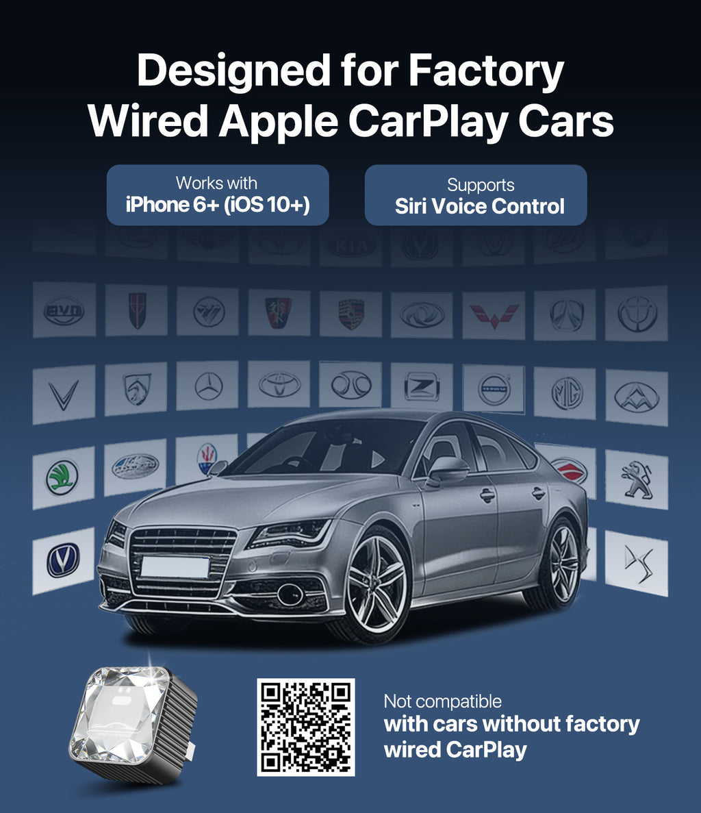 Wireless CarPlay Adapter for iPhone, Premium Glass Finish Design-Black
