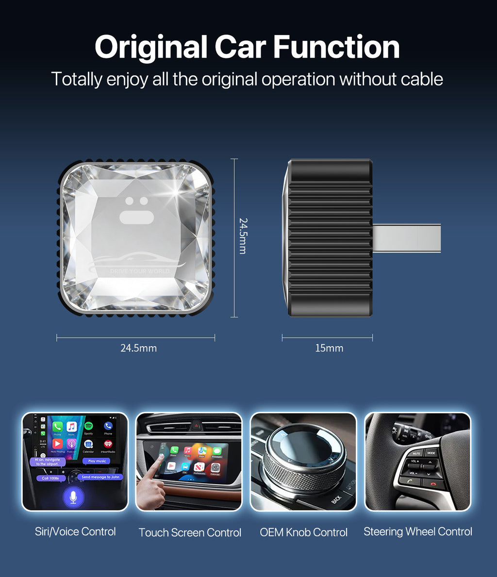 Wireless CarPlay Adapter for iPhone, Premium Glass Finish Design-Black